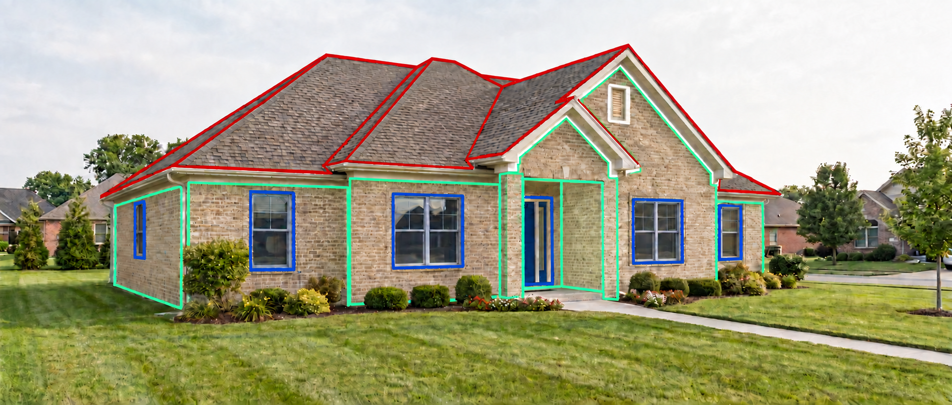 House photo with red roof outlines, green wall and trim outlines, and blue window and door outlines